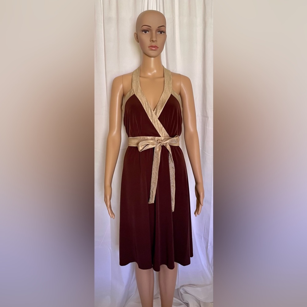 ❤️ BCBG Brown and Gold Halter style dress Size 6
